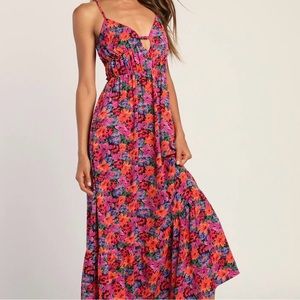 Lulus Sweet and Sultry Magenta Multi Floral Cutout Tie-Back Maxi Dress